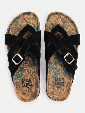 Muk Luks Kids Black Suede Buckle Slide Sandals with Floral Footbed